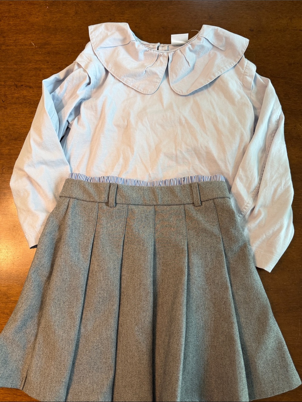 Zara kids Light Blue Long-Sleeve Top with Gray Pleated Skirt